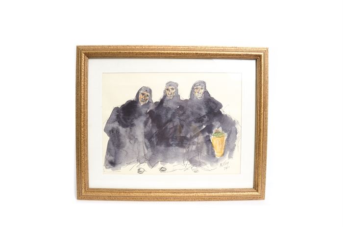 Original Watercolor and Ink Painting Signed McKay: An original watercolor and ink painting signed McKay. The painting depicts three Greek Orthodox nuns, one of which is holding a basket. Painted in a wet on wet method with details drawn in ink. The painting is signed and dated in the lower right corner “McKay ’74”. It is matted and framed behind glass in a gold tone frame with wire on the back for hanging.
