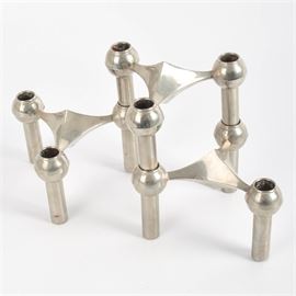 Three Mid-Century Caesar Stoffi/Fritz Nagel Modular Candleholders: A group of three West German mid-century chrome-finished modular candle holders designed by Caesar Stoffi for Fritz Nagel. The candle holders are designed to be stacked or can be used independently to hold small taper candles. Each is hallmarked Nagel to the underside.