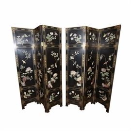 Painted Wooden Japanese Room Divider: A hand-painted wooden Japanese room divider. This black screen has inlaid stone details of birds and sakura trees with additional flowers throughout. It has various square borders of gold tone intricate floral and scrolled designs,