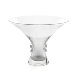 Steuben Glass Vase: A Steuben glass vase. This is a contemporary designed flower vase with a flared lip and applied thumb and finger rest. This vase was designed by George Thompson and the mark “Steuben” is etched to the underside.