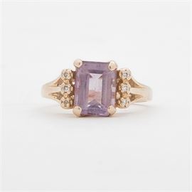 14K Yellow Gold Amethyst and Diamond Ring: A 14K yellow gold amethyst and diamond ring. The diamonds are of fair quality.