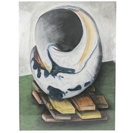 Chloe Sempere "Low Tide in the Grasslands" Abstract Pastel on Paper: An original abstract pastel on paper drawing titled Low Tide in the Grasslands by Chloe Sempere. This work depicts what could be an evolving globe-shaped object with dark green continent-like objects and red mantle interior present at the left side. It sits atop a wood pallet on a green field.