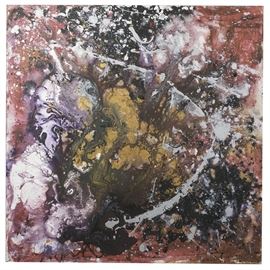 Chloë Sempere "Big Red" Abstract Acrylic on Canvas Painting: An original abstract acrylic on canvas painting titled Big Red by Chloë Sempere. This work displays an astral style scene with uses of oil, acrylic and water and some areas of heavy paint application. It is signed “CS” and dated 2013 to the reverse.