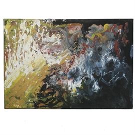 Chloë Sempere "The Golden Wave" Acrylic on Canvas Abstract Painting: An original acrylic on canvas abstract painting titled The Golden Wave by Chloë Sempere. This work features the use of both traditional as well as metallic paints and displays a clash between light and dark tones. It is signed “CS” to back and dated 2012.