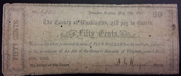 1862 Washington County Virginia Fifty Cent Note
