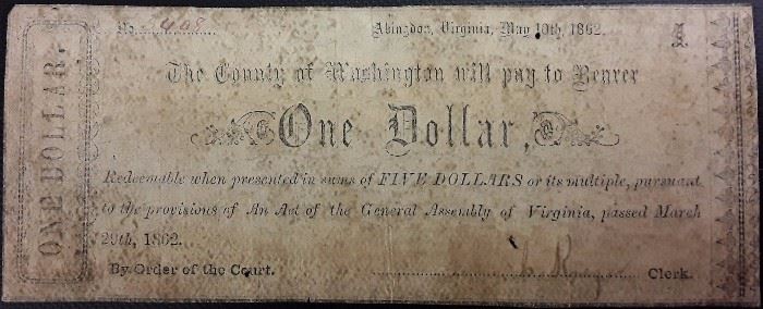 1862 Washington County Virginia $1 Note