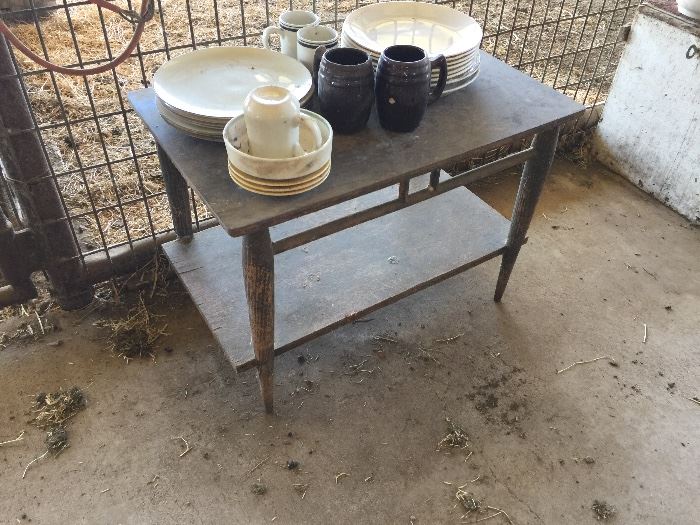 vintage table, plates, coffee mugs