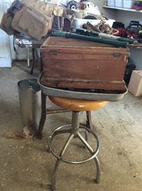 Vintage adjustable stool, antique handmade box, tools, tool belts, and more