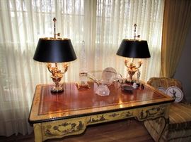 Lovely Baker Hand painted Leather Top Desk Chinese Motif
