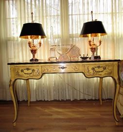 Lovely Baker Hand painted Leather Top Desk Chinese Motif
