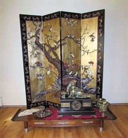 Hand Painted Lacquered Double Sided 4 Panel Chinese Room Divider made of Heavy Elm
