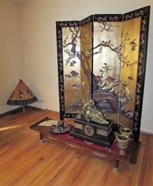 Hand Painted Lacquered Double Sided 4 Panel Chinese Room Divider made of Heavy Elm
