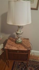 Great side table with pink marble top, urn style table top lamp