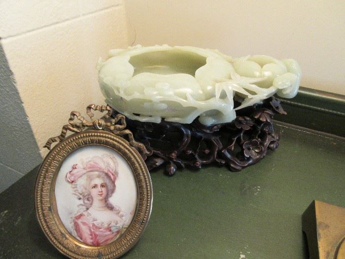Signed miniature portrait. Ornately carved jadeite brush bowl with carved base