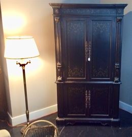 Two Matching Stiffel Floor Lamps and large black TV Cabinet