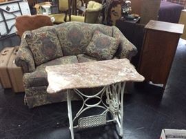 Old Luggage, Marble-Top Table w/ old sewing machine metal bottom