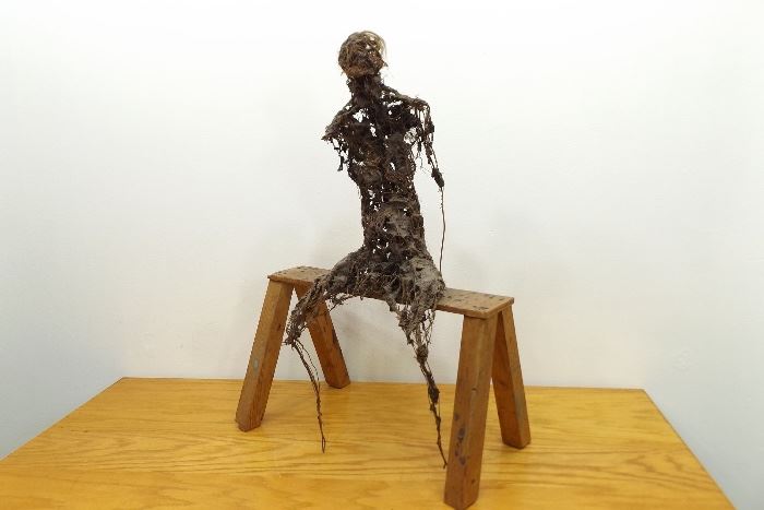 Creepy 28" Wire Sculpture of a Person Figure Sitting on a Wood Bench
