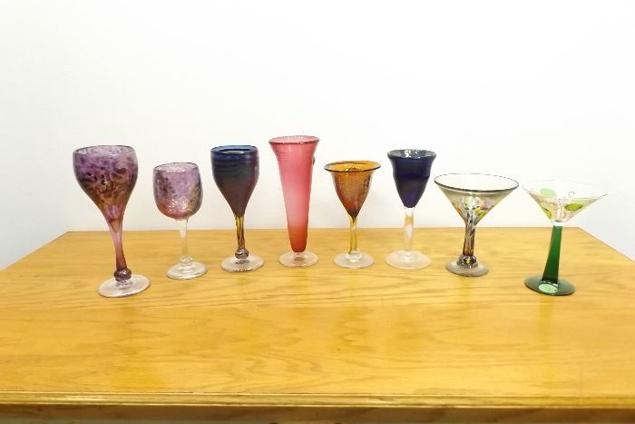 8 Artist Signed etc. Art Glass Wine Goblets, Martini Glasses, etc.
