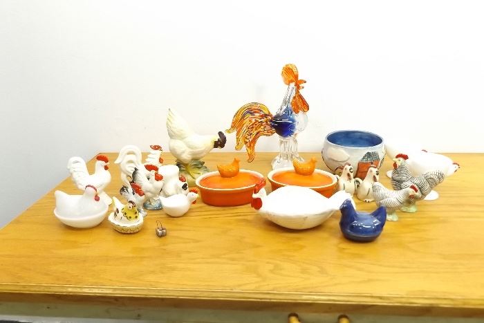 Large Lot of Chicken Themed Porcelain, Murano Glass, etc. Items
