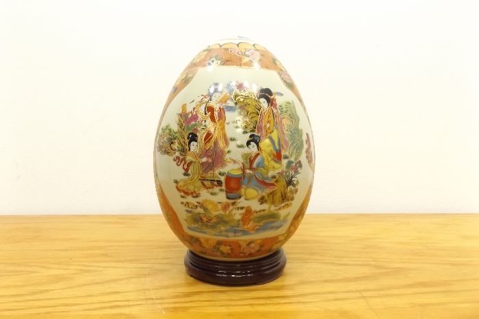 Large 12" Asian Themed Porcelain Egg on Stand
