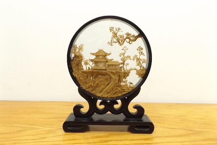 Antique Wood Framed Chinese Cork Carving
