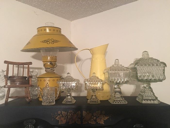 nice collection of glass and old lamp and pitcher