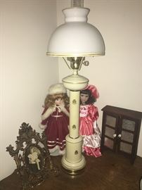 nice porcelain dolls with old lamp. small jewelry box with great decorative frame
