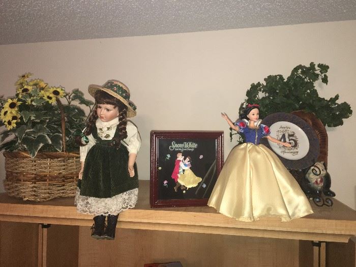 snow white collection, floral arrangements, and porcelain dolls