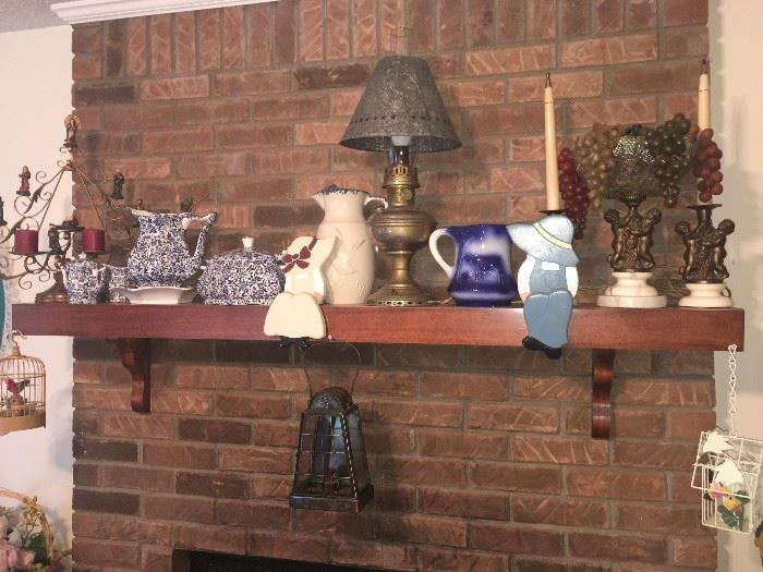 spangle ware , beautiful pottery, punch tin lamp, flow blue picture, pair of matching candle sticks with matching center piece and more.
