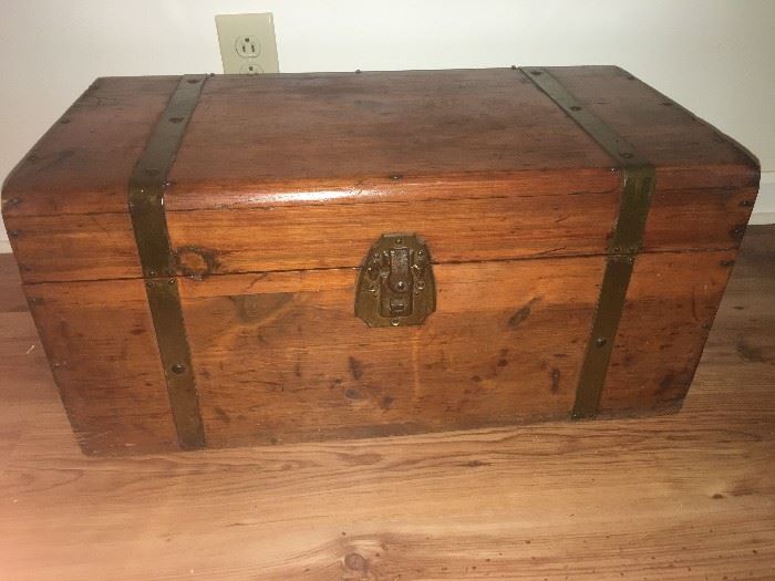 wood stage coach trunk with brass