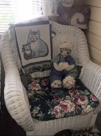 beautiful wicker high back chair with cushion . Cat made from mop and cat throw and other cat items