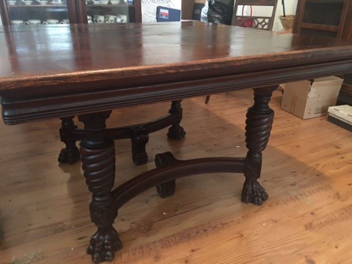 large bee hive dining table with four matching chairs Tiger oak wood - and very large claw feet. A must see!