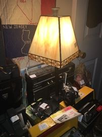 beautiful stain glass lamp, old radios, cameras and more