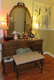 Antique Vanity Dresser with Mirror & Floral Tapestry Stool