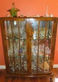 Vintage Tiger Wood Lighted Glass Shelf Curio Cabinet