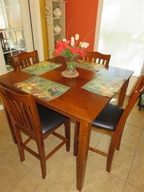 Bistro Kitchen Table Set with 4 Black Leather Stools