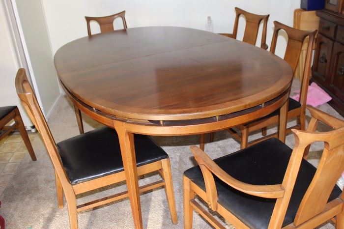 Mid Century dining set, 6 chairs and extra leaf.