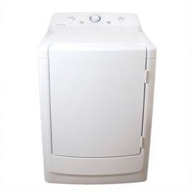 Frigidaire Dryer: A Frigidaire dryer. This front loading dryer is white in color. The dryer has a 7 cubic foot capacity. The model number is FFRE1001PWO and the serial number is 4D53814394.