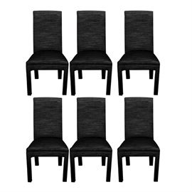 Black Contemporary Dining Side Chairs: A set of five contemporary dining chairs. They have straight backs, padded seats, and block legs. The wooden frames are covered in black upholstery.
