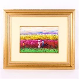 Framed Original Landscape Oil Painting: A framed original landscape oil painting. This framed original oil on canvas depicts a young couple holding hands with backs to the viewer as they gaze upon a colorful field of yellow and red flowers under a blue sky. Painting is framed in a beveled gold tone frame with white mat and is signed in the back.