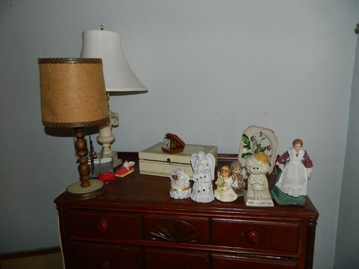 Vintage Lamps, Figurines, Chest Of Drawers,