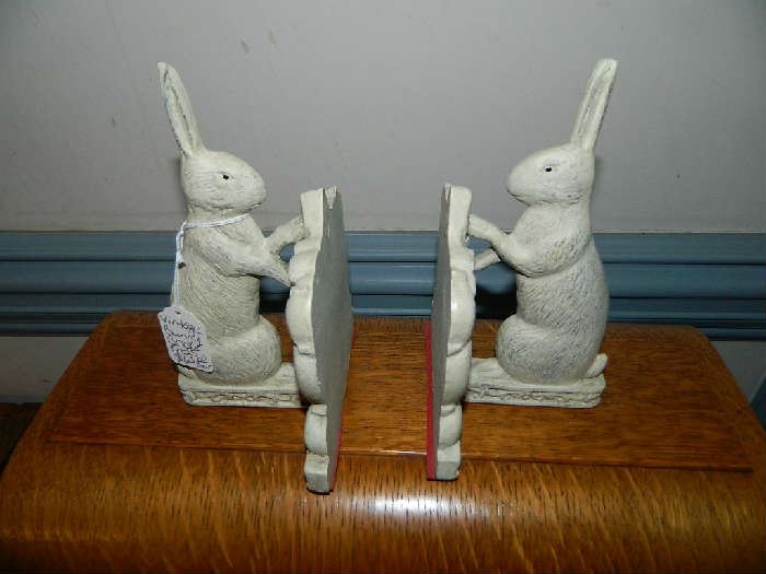 Vintage Cast Iron Rabbit Bookends, With Floral Design, Just In Time For Easter, Great Collectibles