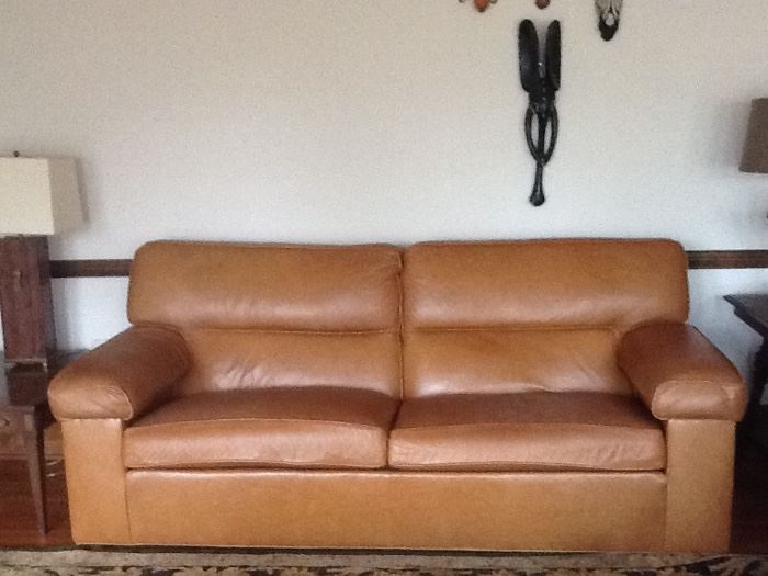 Ethan Allen Large high back British tan leather sofa, 7 feet long, 37" deep, 37"high, super comfortable