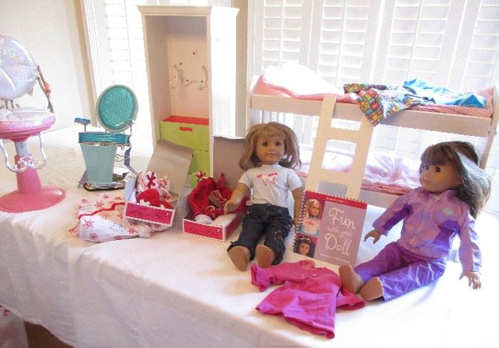 American Dolls, bed, clothes, cabinet, hair salon chairs