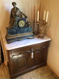 Antique marble top wash stand in beautiful condition. Clock being donated to Magnolia Mound and will not be in sale.