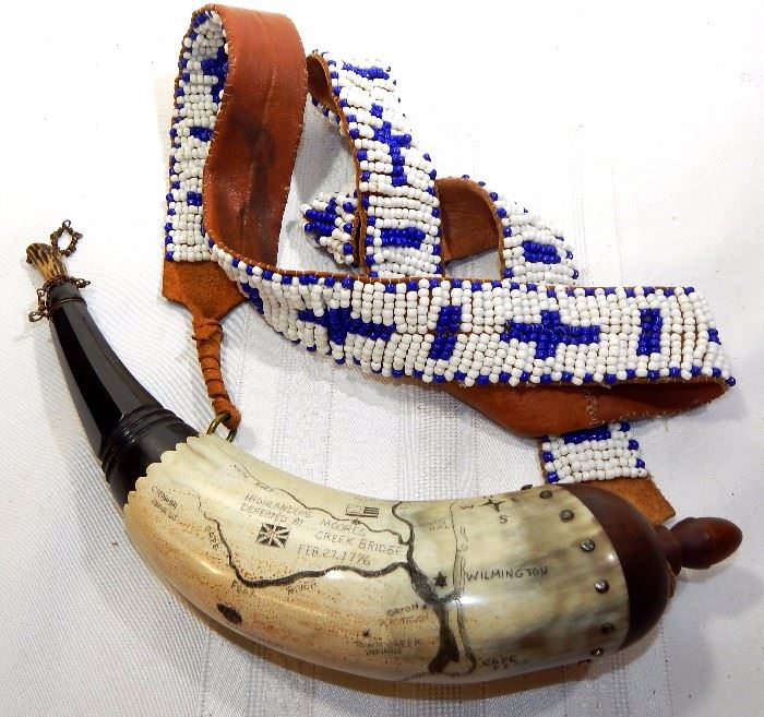 Native American style bead work, handmade by owner.  Powder horn, NC, made in Historic style