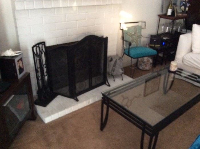 Nautical design items - Fireplace screen black wrought iron coffee table, etc A fossil, a crate and barrel Entertainment Center
