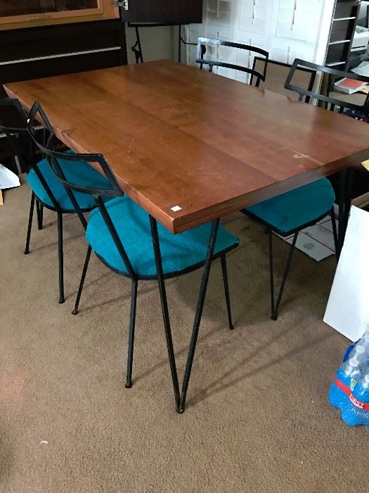 Mid Century Iron Leg Tree slice table and 6 chairs  in the style of George Nakashima - custom made by my clients father - hairpin legs tabletop made of Cherry.  There is also a solid wood cherry mantlepiece - cut from same tree in a similar style.