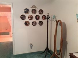 Norman Rockwell collector plates, coat rack & stand mirror