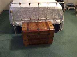 Vintage metal bed & another view of trunk. 